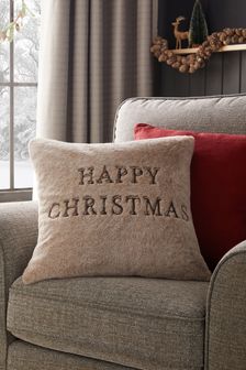 Natural Faux Fur Happy Christmas Cushion (U16181) | 6 BD