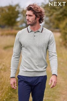 Grey Marl Cable Long Sleeve Knitted Polo Shirt (U16327) | €38