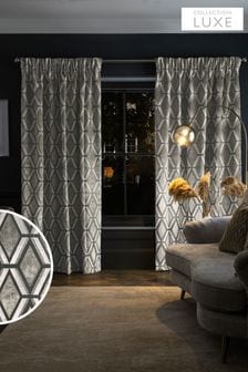 Light Grey Collection Luxe Heavyweight Geometric Cut Velvet Pencil Pleat Lined Curtains (U16330) | €215 - €430