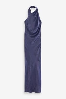 Navy Blue Satin Halter Neck Midi Dress (U17194) | 38 €