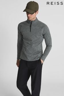 Reiss Green Melange Leo Half Zip Funnel Neck Slim Fit Top (U17364) | $226