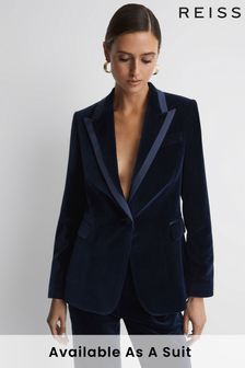 Reiss Navy Bree Single Breasted Velvet Suit Blazer (U17788) | AED2,362