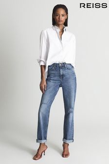 Reiss Mid Blue Bay Slim Straight Cut Ripped Jeans (U18191) | $181