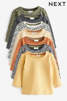 Khaki Green/Yellow 7 Pack Long Sleeve Floral Print And Solid Mix T-Shirts (U18405) | €21 - €22