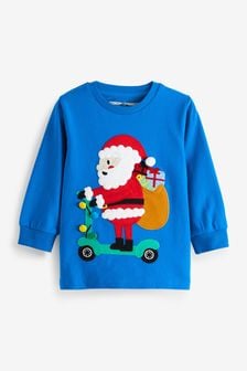Albastru Santa Scooter - Tricou cu motiv de Crăciun cu mânecă lungă (3 luni - 7 ani) (U18594) | 91 LEI - 108 LEI