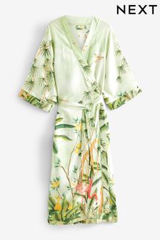 Sage Green Flamingo Print Linen Blend Robe (U19270) | $68