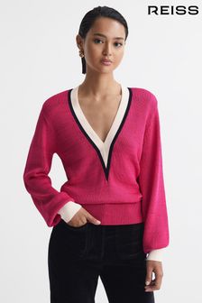 Reiss Pink/Ivory Talitha Contrast Trim Knitted Jumper (U19567) | ₪ 1,006