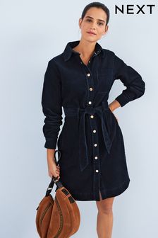 Bleu marine - Mini robe-chemise à ceinture en velours côtelé (U20057) | €46