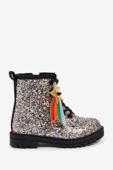 Silver Rainbow Glitter Standard Fit (F) Lace-Up Boots (U20395) | €23 - €27