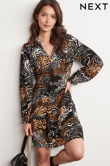 Black/Brown Animal Long Sleeve Mini Tea Dress (U20573) | 36 €