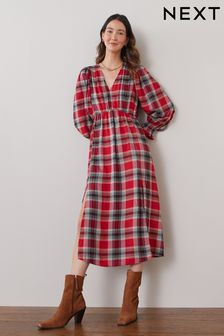 Red Check Volume Sleeve Midi Dress (U20574) | €20