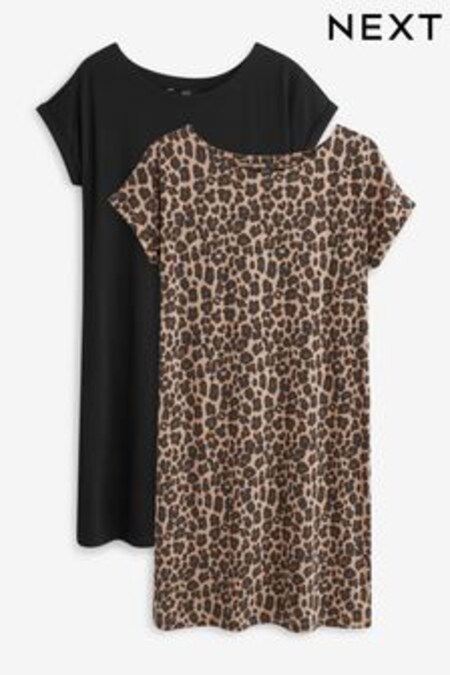 Black/Animal Print 2 Pack Cotton Relaxed Fit Cap Sleeve Tunic Dresses (U22091) | €25