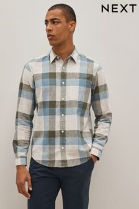 Blue/Grey Check Linen Blend Long Sleeve Shirt (U22204) | 41 €