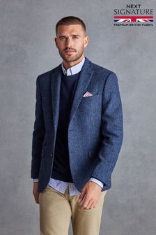 Bleu - Blazer Harris Tweed en laine à chevrons (U22650) | €212