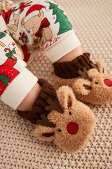 Creme mit weihnachtlichem Rentier - Babyschühchen für den Kinderwagen (0–24 Monate) (U22657) | 10 € - 11 €