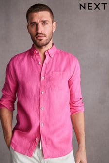 Pink Standard Collar Signature 100% Linen Long Sleeve Shirt (U22822) | kr650