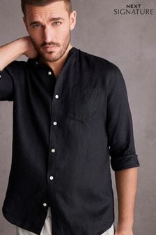 Black Grandad Collar Signature 100% Linen Long Sleeve Shirt (U22831) | $60