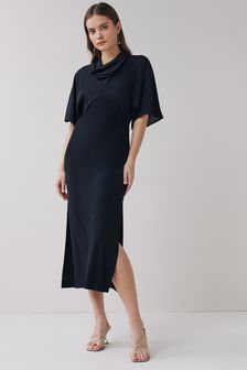 Black Cowl Neck Short Sleeve Midi Dress (U22915) | ₪ 102