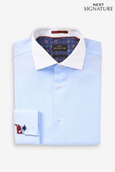 ブルー/ホワイト カラー - レギュラーフィット シングルカフ - Signature トリムシャツ (U23475) | ￥6,150 - ￥6,920