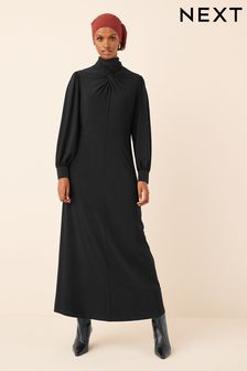 Schwarz - Langärmeliges Kleid mit geknotetem Stehkragen (U23904) | 70 €
