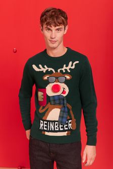 Green Reindeer Beer Pocket Crew Neck Knitted Christmas Jumper (U24217) | kr370