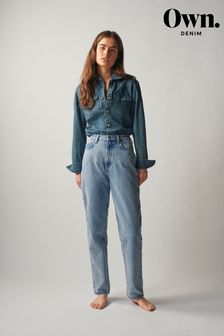 漂洗藍色 - 特有款寬鬆剪裁媽媽風牛仔褲 (U24290) | HK$385
