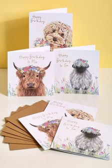 6 Pack Blue Cute Animals Birthday Cards