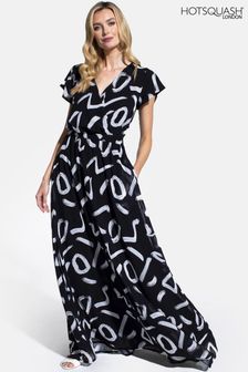 Dolga črna ovita ženska obleka iz šifona Hotsquash (U24746) | €150