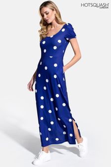 HotSquash Womens Navy Blue Polka Dot Scoop Neck Maxi T-Shirt Dress with Split (U24747) | €136
