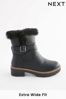 Black Extra Wide Fit Forever Comfort® Faux Fur Lined Buckle Detail Boots (U24880) | kr684