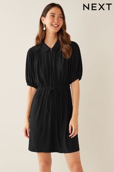 Black Puff Sleeve Zip Collared Mini Dress (U25710) | DKK84