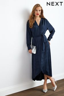 Bleu marine - Robe portefeuille mi-longue en satin à manches longues (U25713) | €42