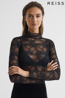 Reiss Black Shannon Lace High Neck Top (U26084) | AED706