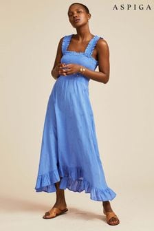 Aspiga Blue Rhianna Embroidered Organic Cotton Smocked Midi Dress (U26391) | €140