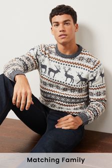 Bež melirana Bela z motivom jelena - Pulover z okroglim ovratnikom - Pleten Božič pulover (U 28292) | €32