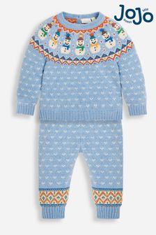 JoJo Maman Bébé Blue Snowman Fair Isle Baby Knit Set (U28874) | €51