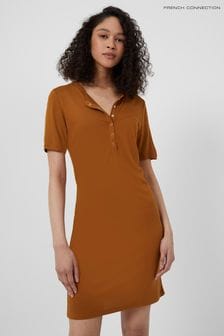 French Connection Brown Solid Meadow Jersey Button Front Dress (U29067) | ₪ 279