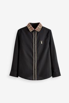 Black With Tan Brown Check Collar Long Sleeve Oxford Shirt (3-16yrs) (U29312) | €14 - €19