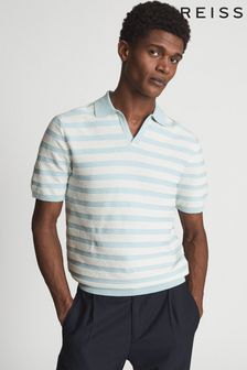 Reiss White/Mint Green Pearl Open Collar Stripe Bouclé Polo Shirt (U29405) | $161