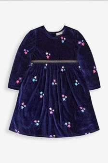 JoJo Maman Bébé Navy Girls' Star Embroidered Velour Party Dress (U29488) | €51