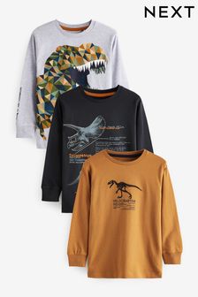 Tan Brown/Navy Blue Dinosaur Long Sleeve Graphic T-Shirts 3 Pack (3-14yrs) (U29620) | NT$1,070 - NT$1,550