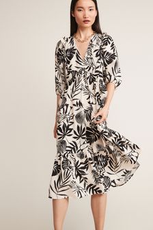 Monocromático - Vestido estampado con cuello de pico y manga abullonada (U30153) | 36 €