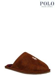 Tan Brown - Polo Ralph Lauren Mens Klarence Logo Plaid Slippers (U30385) | MYR 390
