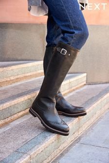 Black Regular/Wide Fit Forever Comfort® Leather Brogue Detail Knee High Boots (U30401) | 63 €