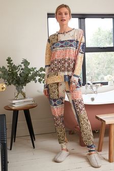 Ecru Patchwork Print Cotton Long Sleeve Pyjamas (U30626) | ₪ 92