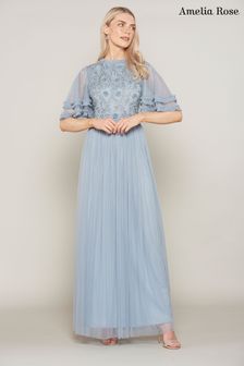 Amelia Rose Blue Embellished Ruffled Sleeves Maxi Dress (U30720) | $206