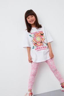 White/Pink Oversized Sun T-Shirt And Leggings Set (3-16yrs) (U30725) | 21 € - 29 €