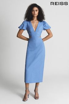 Reiss Blue Jennah Puff Sleeve Cut Out Back Midi Dress (U31645) | €325