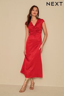 Red Ruched Front Jacquard Midi Dress (U32243) | 25 €