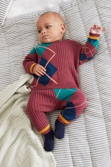 Burgundy Red Two Piece Baby Argyle Knitted Set (0mths-2yrs) (U32378) | $27 - $31